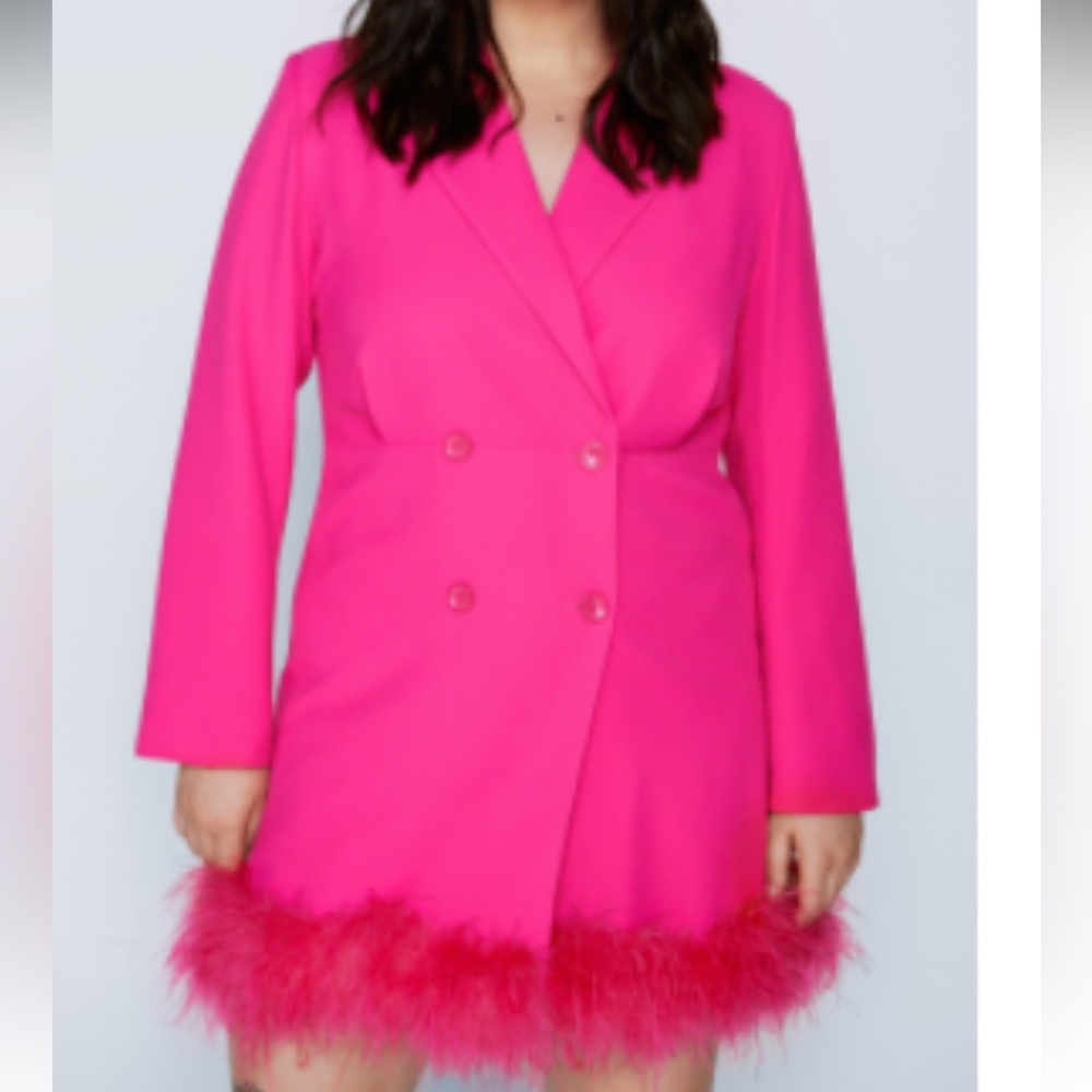Plus size pink blazer dress with feather hem